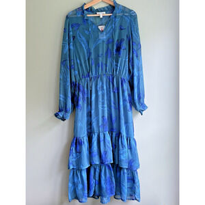 Sofia Vergara Floral Chiffon Midi Dress Teal Blue Ruffle Tier Sheer Party M